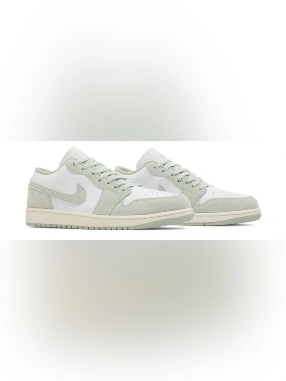 Jordan Low-Top Sneaker in White and Light Sea Foam Green Suede
